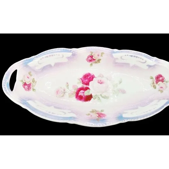 Lusterware Relish Tray Handles Rose Floral Porcelain Dish Vintage German 9.5" - Picture 4 of 15